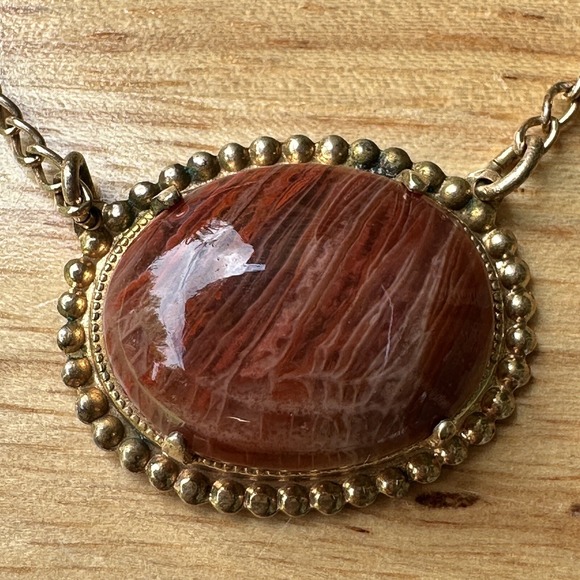 VTG Tie Bar Clip 3 Inch Chain Agatized Arizona Petrified Wood Cab Gem Gold Plate - Picture 3 of 7